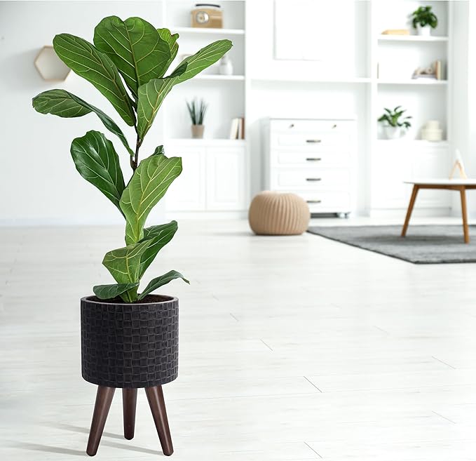 D'vine Dev 8 Inch Modern Geometric Tile Patterned Sleek Planter Pot with Stand, Indoor Outdoor Decorative Plant Holder, Distressed Black, 88-Z-A-5