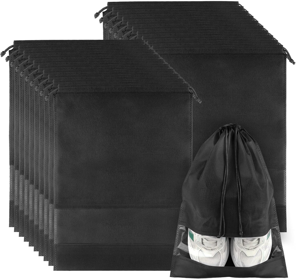 20 Pack Shoe Bags for Travel, Large Travel Shoe Bags for Packing with Clear Window, Dustproof Drawstring Travel Shoe Storage Bags Travel Essentials for Men & Women, Black (20, Black)