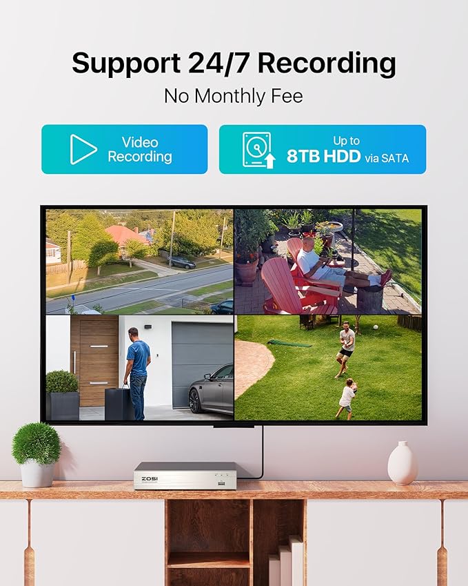 ZOSI 8CH 3K Lite Security Camera System with AI Human Vehicle Detection, 8 x 1920TVL Weatherproof Home Outdoor Cameras, 80ft Night Vision, Remote Access, H.265+ 8 Channel Video DVR, NO Hard Drive