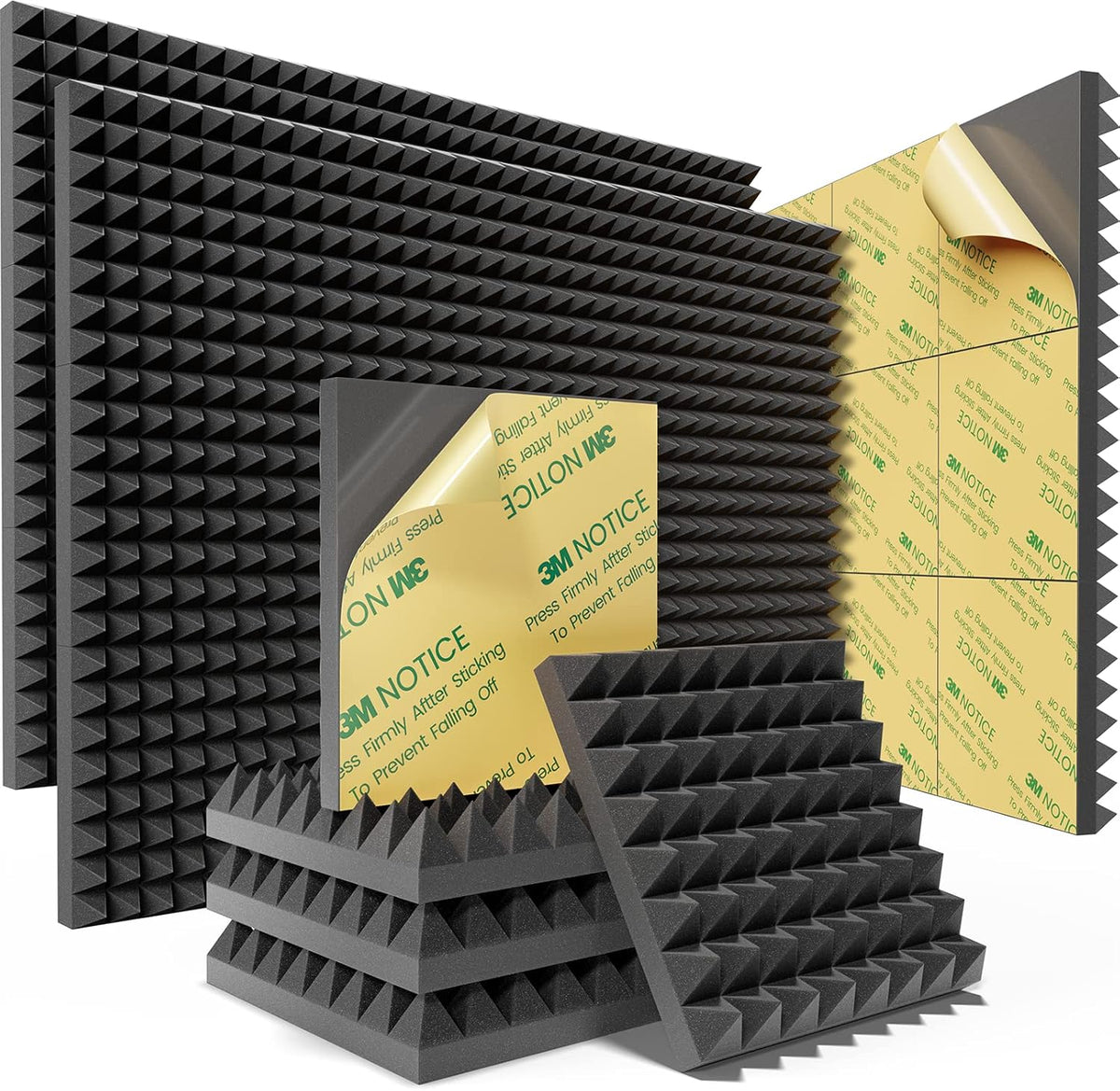 Sonicism Sound Proof Foam Panels for walls Self-Adhesive 24 Pack Pyramid 12" X 12" X 2" Acoustic Panels 35kg/m³High Density,Soundproof Wall Panels Fast Expand,Sound Absorption and Decoration,Black