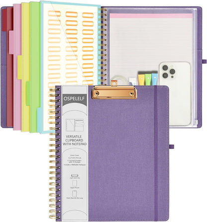 Ospelelf Foldable Spiral Clipboard Folio with Storage Zipper Pouch, 5 Plastic Folders with 10 Pockets,Refillable Lined Notepad (11" x 8.5"), Hardcover Project Organizer with 39 Stickers (Purple)