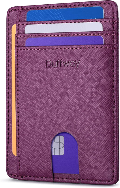 Buffway Slim Minimalist Front Pocket RFID Blocking Leather Wallets for Men and Women - Cross Purple