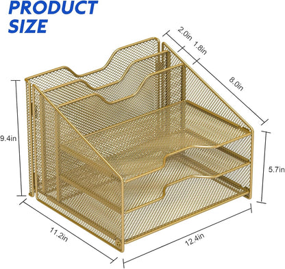 Samstar Gold Desk File Organizer, Mesh Letter File Folder Holder with 3 Paper Trays and 2 Vertical Upright Section, Gold