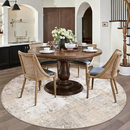 8x8 Washable Round Rug Beige Grey Abstract Non Slip Soft Low Pile Circle Rug for Living Room Bedroom Neutral Modern Indoor Carpet for Dining Room Office Entryway Home Decor