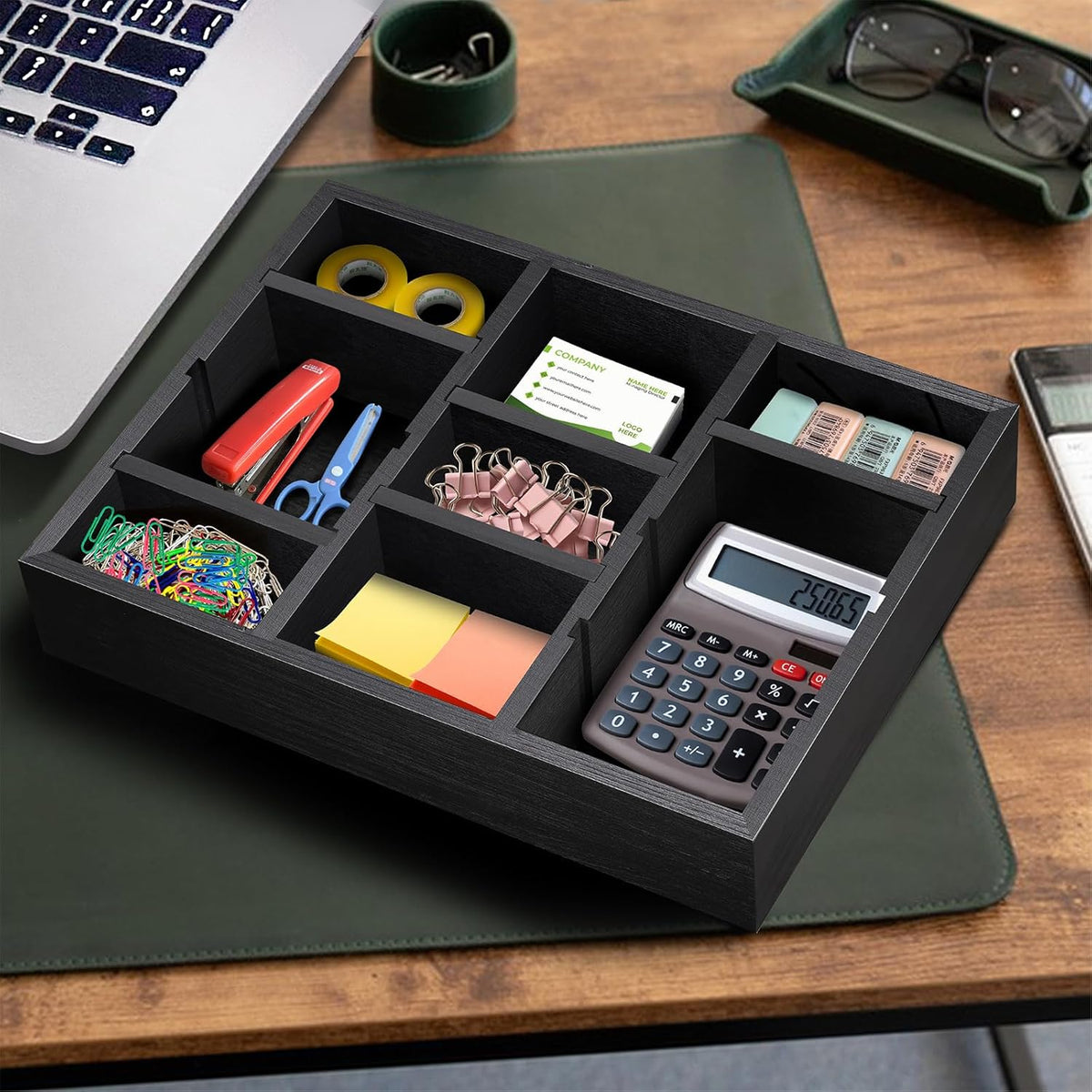 Desk Drawer Organizer Tray with 9 Adjustable Compartments, Wooden Office Desk Accessories Supplies Organization Storage for Desktop Bathroom Vanity Makeup Black