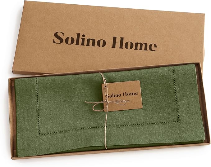 Solino Home Linen Olive Table Runner 108 Inches Long - 100% Pure Linen 14 x 108 Inch Table Runner for Christmas, New Year - Classic Hemstitch