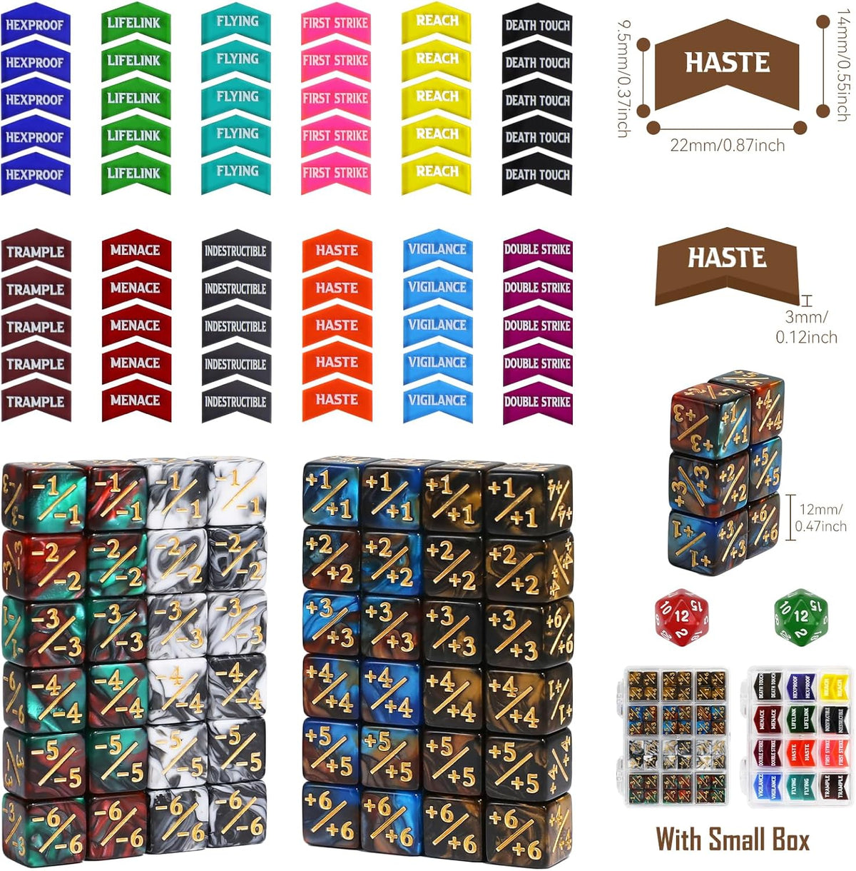 110 Pieces MTG Keyword Tokens 12mm Counters Dice for Magic The Gatering, MTG Abilities Keyword Buff Tokens D6 D20 Life Counter Dice for TCG CCG Magic Card Games Accessories