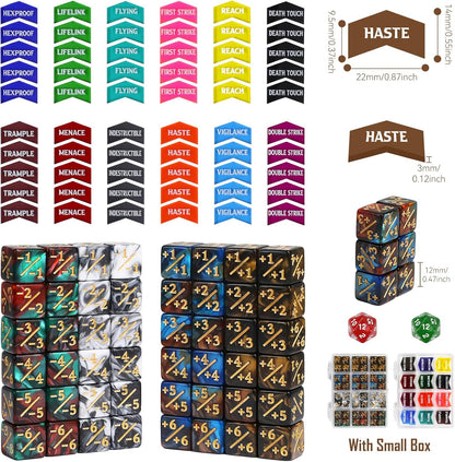 110 Pieces MTG Keyword Tokens 12mm Counters Dice for Magic The Gatering, MTG Abilities Keyword Buff Tokens D6 D20 Life Counter Dice for TCG CCG Magic Card Games Accessories