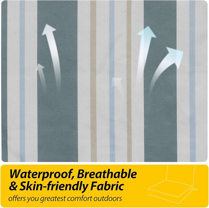 AAAAAcessories Outdoor Seat Cushions for Chairs, Fade-Resistant, Waterproof Patio Furniture Replacement Cushions, 22" x 22" x 3" + 22" x 17", Slate Gray Blue Coastal Stripe