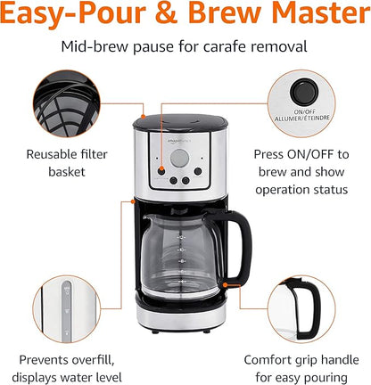 Amazon Basics Programmable Coffeemaker with Carafe and Reusable Filter, Stainless Steel, 12 Cups, Black