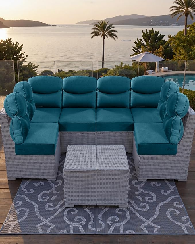 Luxury 24x24x6 Outdoor Seat Cushions for 6-Seat Sectional Sofa Set of 6 - Water-Repellent 14-Piece Patio Cushion Set for Outside Wicker Loveseat Chair L-Shape Couch - Peacock Blue/Smile