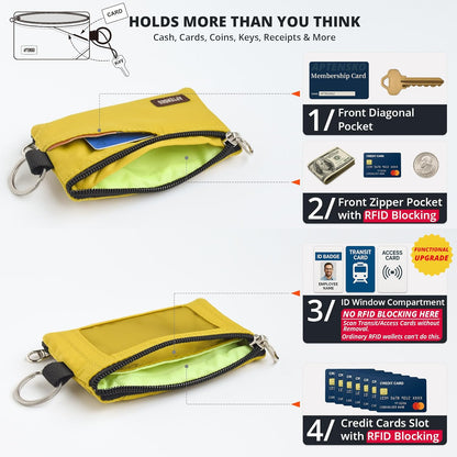 RFID Travel Wallet with Adjustable Lanyard-Zipper Small Wallet with ID Card Holder, Keychain for women&men-Minimalist Slim Waterproof Nylon case for ID, Cash, Key (Dark Yellow)