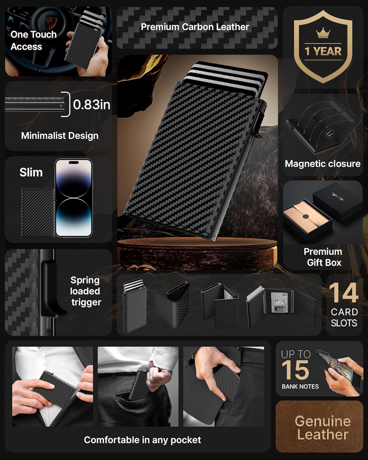 typecase Mens Wallet Card Holder: Pop Up Aluminum Case, Genuine Leather, Smart, RFID Blocking, Slim, Minimalist, Front Pocket - 9-14 Card Capacity | ID Window | Cash Slot (Carbon Fiber)