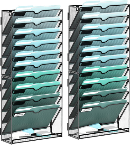SUPEASY 11-Tier Wall File Organizer, Hanging Wall Files for Papers, Folders, Magazines, Wall Organizer for Clipboard, Assembly Needed, Black, 2 Pack
