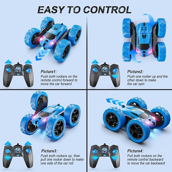 Qunreda 4WD RC Stunt Car for Kids, 2.4GHz, LED Lights, 360° Flips, Upgraded USB-C Batteries, 6-12 years old