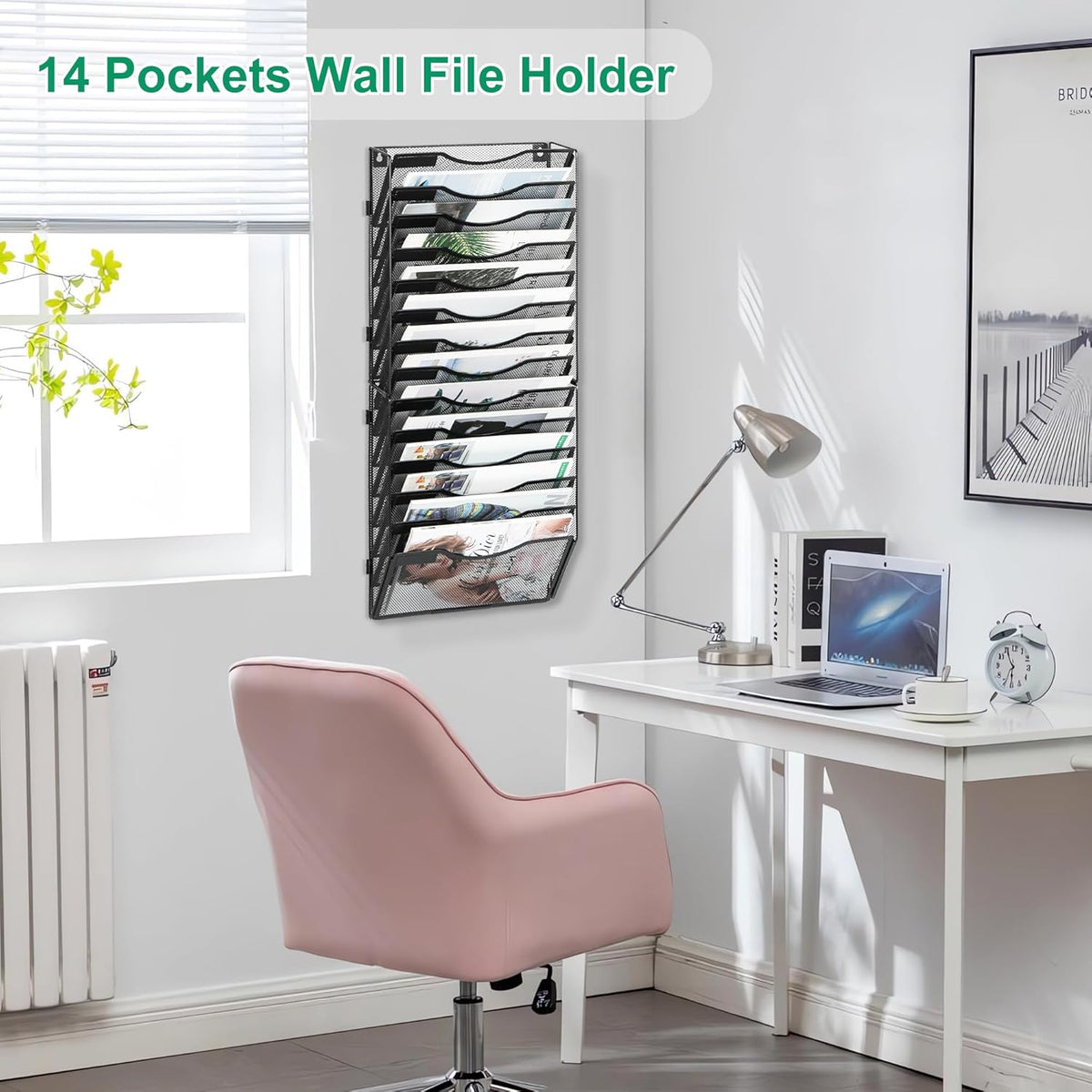 14-Pocket Wall File Organizer, Hanging Mail Organizer Wall Mounted Paper Document Holder, Metal Clipboard Storage Basket for Office Home School Organization, Black