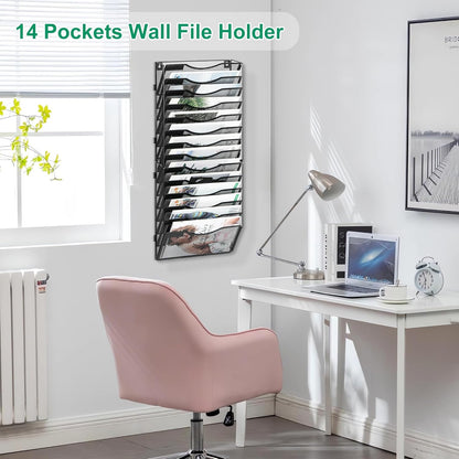 14-Pocket Wall File Organizer, Hanging Mail Organizer Wall Mounted Paper Document Holder, Metal Clipboard Storage Basket for Office Home School Organization, Black