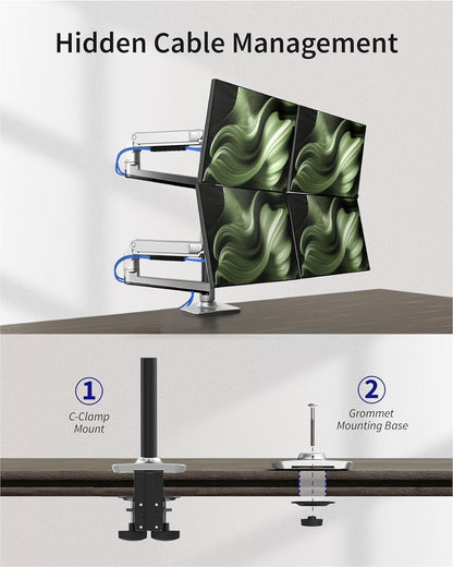Quad Monitor Mount, Holds Screens up to 40 Inches and 25 lbs, Fully Adjustable 4 Monitor Mount with C-Clamp and Grommet Base, Aluminum, Silver