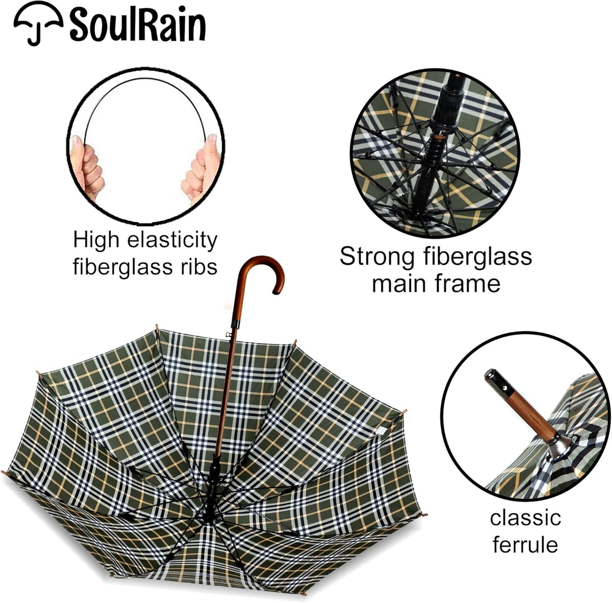 SoulRain 48" Large Umbrella –Windproof Stick Umbrellas for Rain, Automatic Open, Vintage Cane big Umbrella with Classic Wooden Handle,Open for 2 Persons adult,for Women & Men(Green Yellow plaid)
