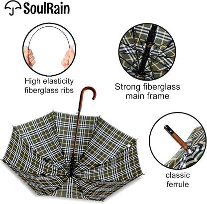 SoulRain 48" Large Umbrella –Windproof Stick Umbrellas for Rain, Automatic Open, Vintage Cane big Umbrella with Classic Wooden Handle,Open for 2 Persons adult,for Women & Men(Green Yellow plaid)