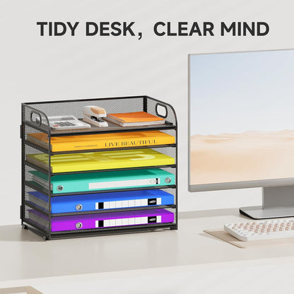 6 Tier Paper Organizer with Handle, Metal Desk Organizer Mesh Paper Letter Tray Desktop File Folder Document Sorter for Classroom, School, Office Accessories Organization and Storage - Black