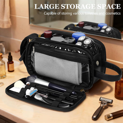 Travel Toiletry Bag for Men,Mens Shaving Bags for Toiletries,Men's Toiletry Travel Bag Leather,Personalized Travel Essentials,Birthday Gifts For Men,Black- L