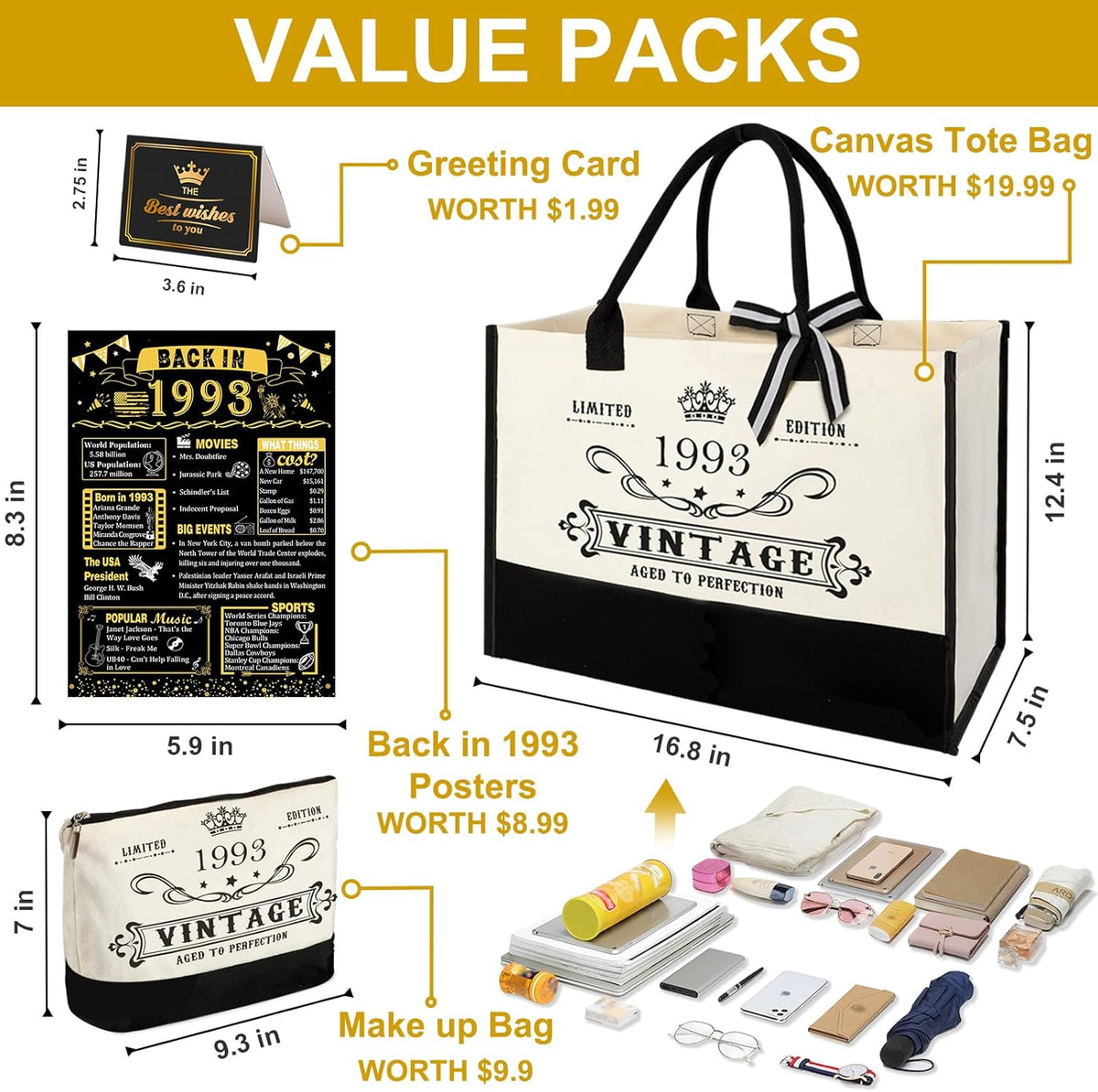 YeohJoy 32nd Birthday Gifts for Her Canvas Tote Bag Travel Gear, Unique 32 Years Old Birthday Gifts for Girlfriend Sister Friends Women, Vintage 1993 Handbag & Cosmetic Bag & Back in 1993 Poster