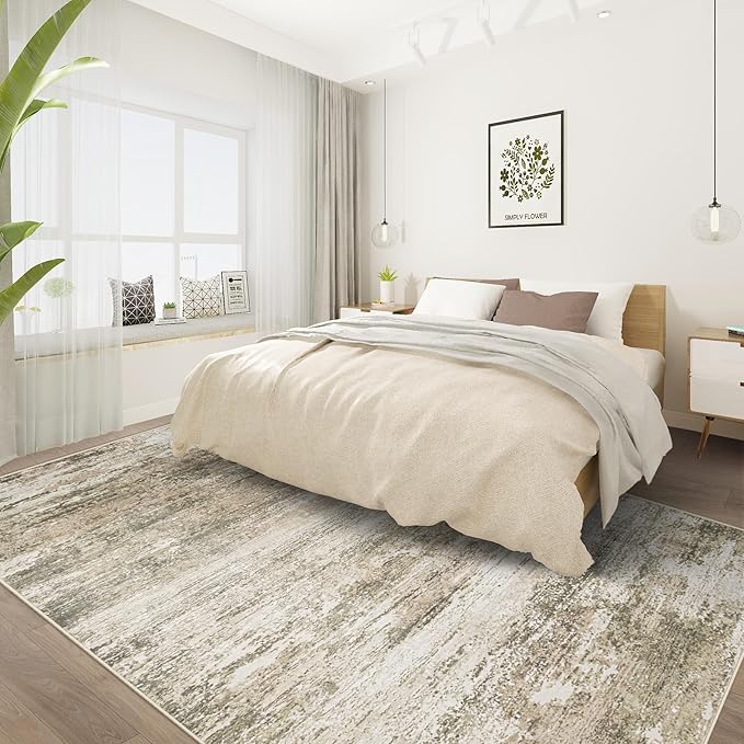 Washable Rug 6x9 Area Rugs for Living Room: Neutral Soft Rug Abstract Non Slip Low Pile Modern Carpet for Bedroom Kitchen Nursery Office Dining Room Indoor (Brown, 6'x9')