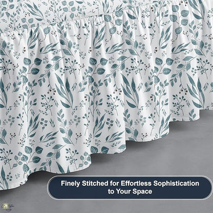 Cottington Lane Ruffled Bed Skirt Twin Size with Split Corner, Brushed Microfiber Hotel Quality Dust Ruffle, 15" Drop Gathered Bedskirt, Soft, Stylish, Shrink & Fade Resistant, Tranquil Green Petals