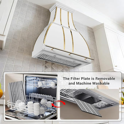 CHETTO C Stainless Steel Range Hood Cover with 4-Speed Vent Hood Insert Custom Handcrafted Metal Kitchen Fan with Towel Rack LED Light 60"W x21"D x21"H White Wall Mount