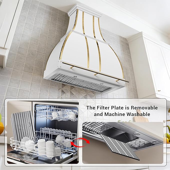 CHETTO C Stainless Steel Range Hood Cover with 4-Speed Vent Hood Insert Custom Handcrafted Metal Kitchen Fan with Towel Rack LED Light 36"W x21"D x39"H White Wall Mount
