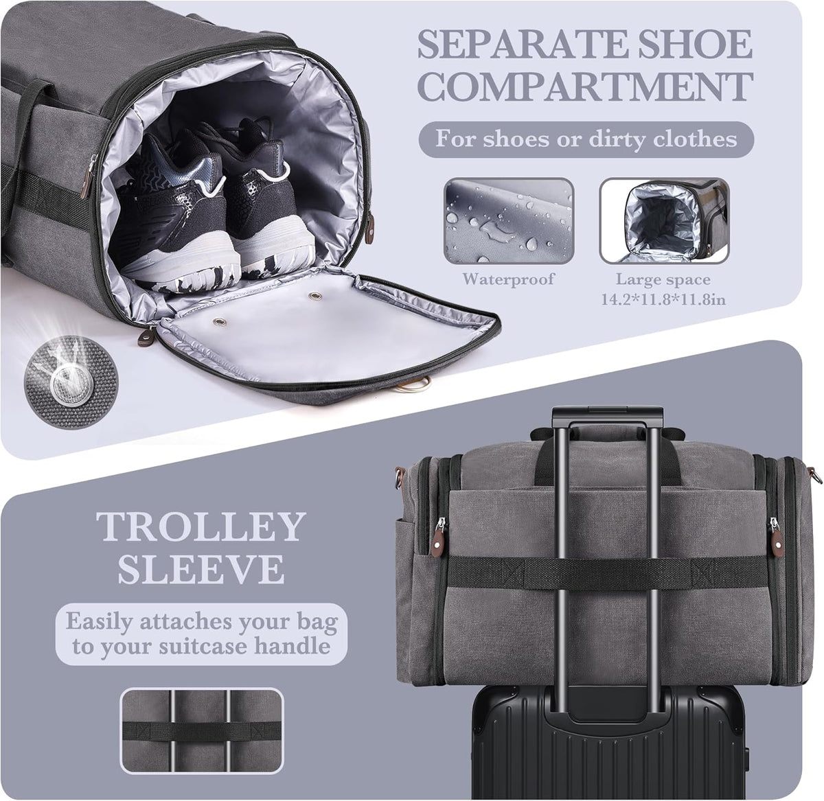 SHOWKOO Duffle Bag for Travel 60L Expandable Canvas Travel Bag Durable Vintage Weekender Overnight Carry On Bag for Men(Dark Gray)