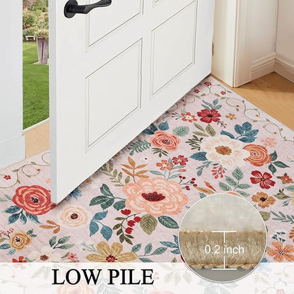 DUKINO 5x7 Area Rug, Floral Rugs for Living Room, Lightweight Non Slip Washable Rug, Indoor Low Pile & Non-Shedding Boho Design Rugs for Bedroom, Living Room, Dining Room, Beige