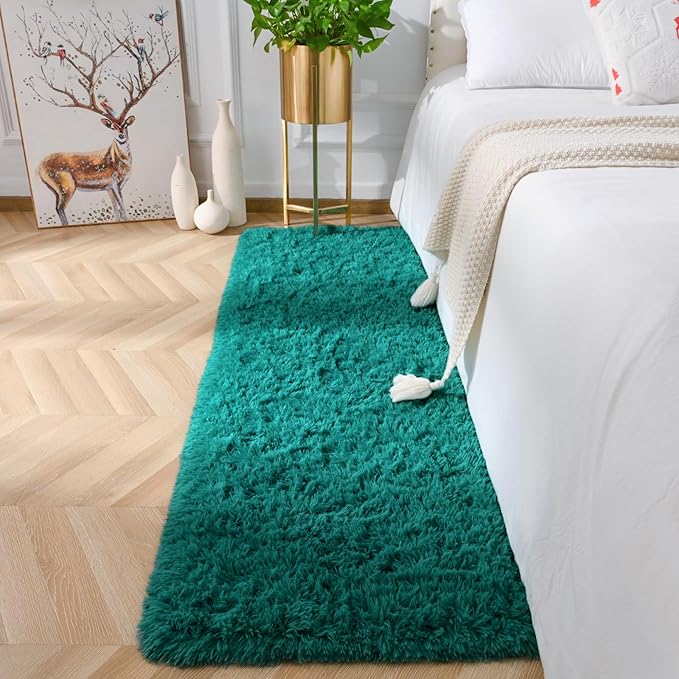 Amearea Shag Blue and Green Runner Rug for Bedroom Girls Living Room, 2x6 Teal Green Feet Extra Soft and Fluffy Shaggy Rugs, Non Slip, Indoor Floor Long Carpet Mat for Boys Nursery Home Decor