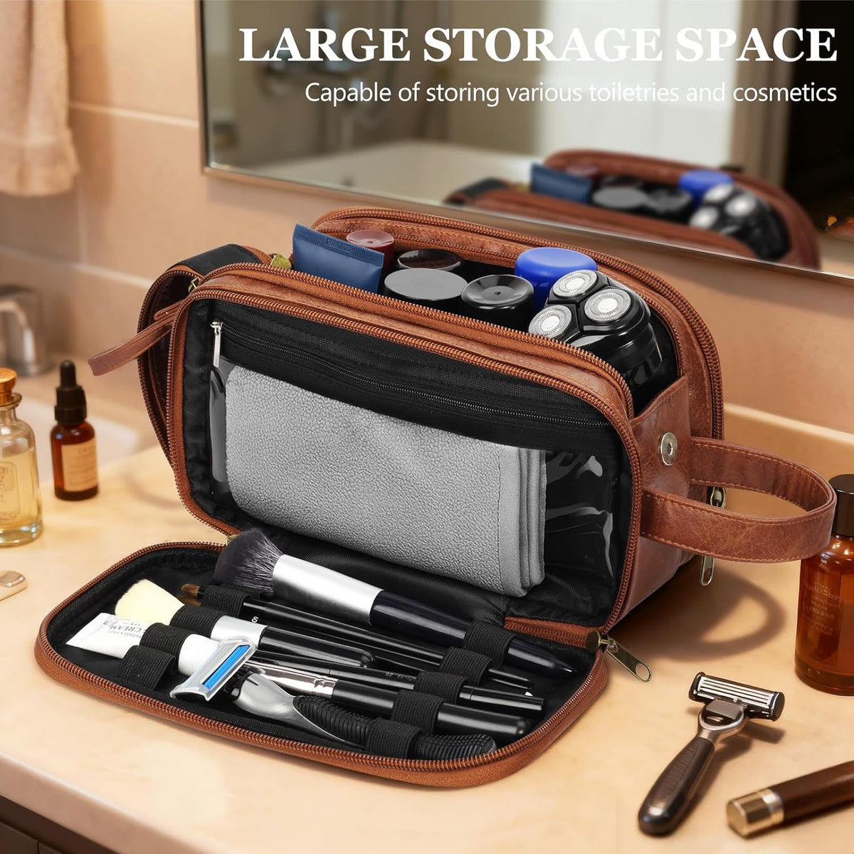 Travel Toiletry Bag for Men,Mens Shaving Bags for Toiletries,Men's Toiletry Travel Bag Leather,Personalized Travel Essentials,Birthday Gifts For Men,Brown- O