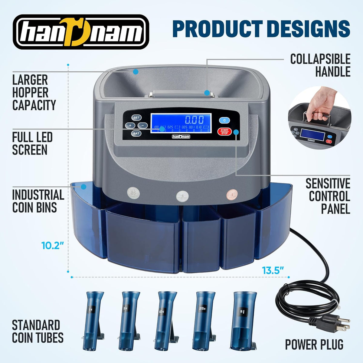 Coin Counter Machine, Electric Coin Sorter Sort 270 Coins/Minute, USD Change Counter Machine,500 Coins Capacity Automatic Coin Sorter and Wrapper Machine, Coin Counting Roller Machine with LCD Display