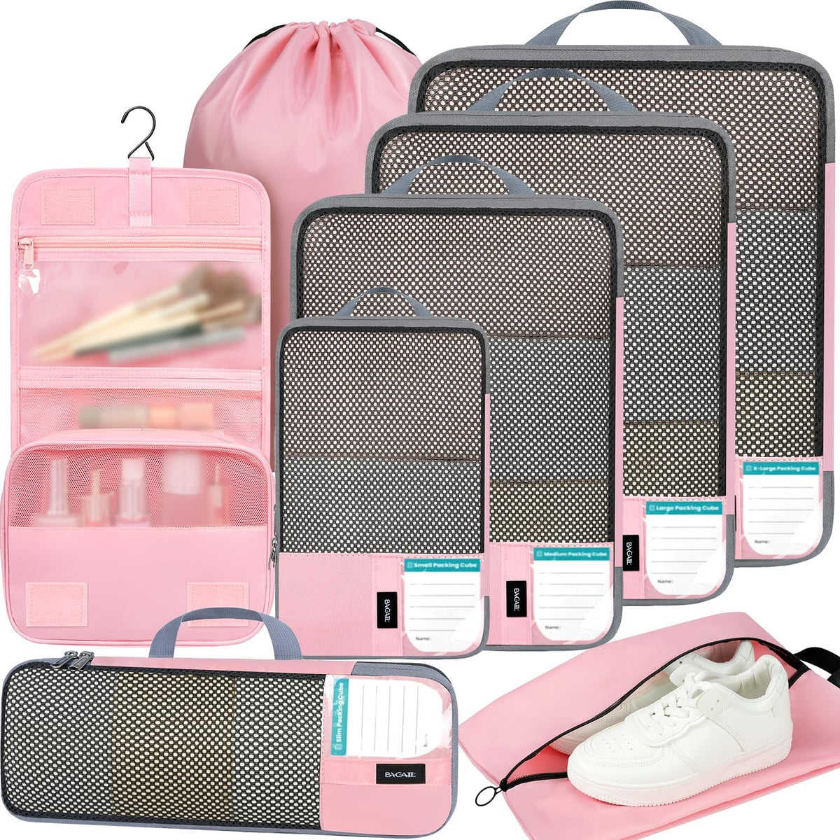BAGAIL 4/6 Set/8 Set Compression Packing Cubes Travel Accessories Expandable Packing Organizers(HalfMesh, 8-Pink)