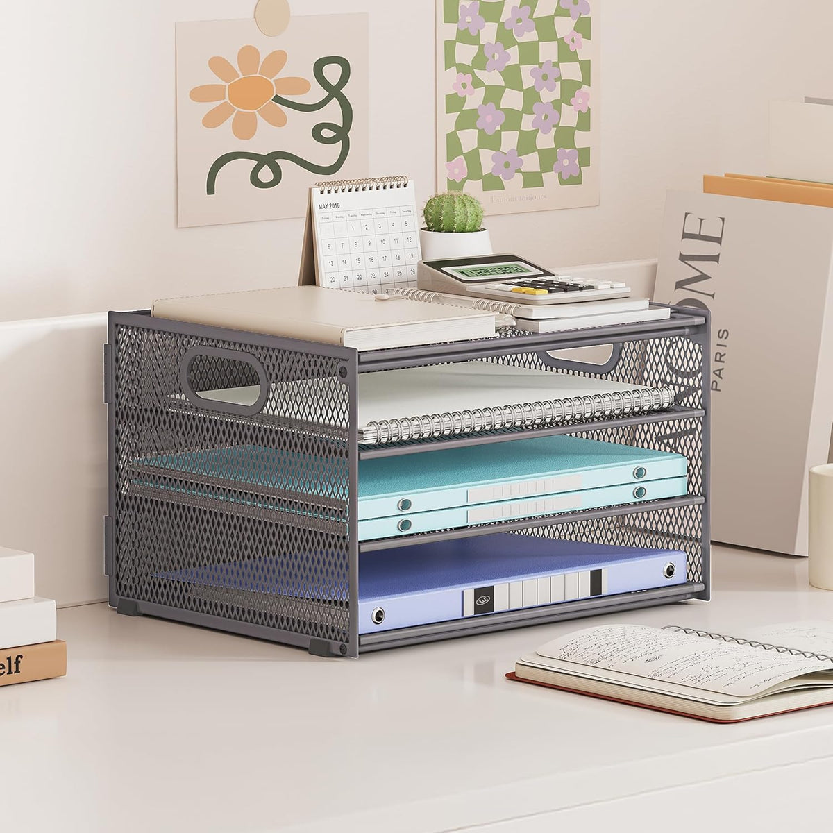 Subekyu Paper Letter Tray Organizer for Desk, Gray Metal Mesh Desk File Sorter Organizer with Handle and 2 Sliding Trays for Home Office School Supplies Organization