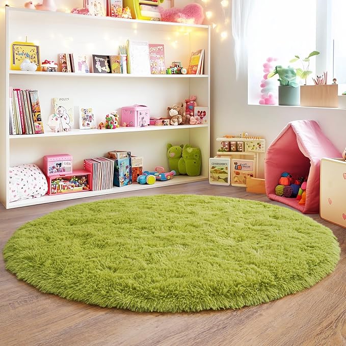 4'x4' Grass Green Round Rug for Bedroom, Ultra Soft Fluffy Circle Rug for Kids Girls Boys Room, Cute Shag Rugs for Living Room Playroom Tent Castle Home Decor Rug