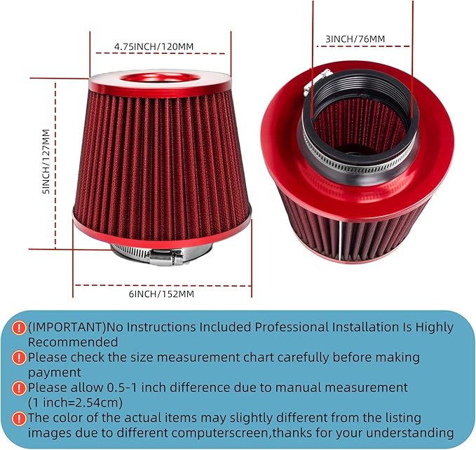 Universal Clamp-On Air Intake Filter, High Performance, Washable Filter, Replacement Air Filter, Flange Diameter 3inch/76mm (Red)