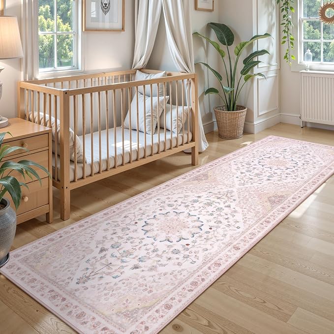 Moynesa Pink Runner Rugs for Long Hallway 2.5x8, Vintage Washable Floral Print Runner for Nursery Decor, Rubber Backing Non Slip Carpets for Kitchen Entryway Bathroom Bedroom