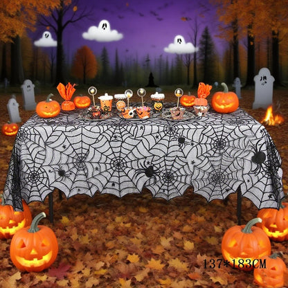 Halloween Tablecloth, Black Spider Web Lace Table Cloth, Gothic Kitchen Decor, Fall-Themed Party Decorations, Spider Web Reusable Home Accent, 54*72 Inches