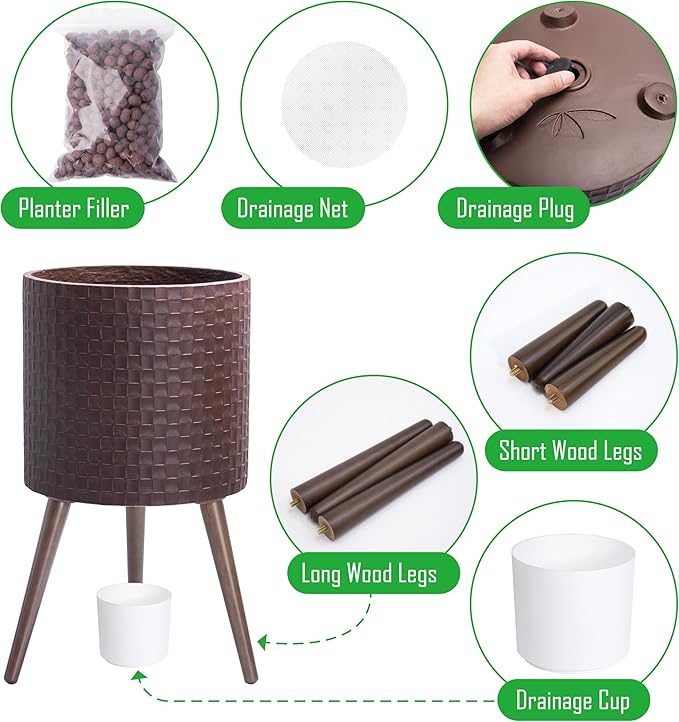 D'vine Dev 14 Inch Modern Geometric Tile Patterned Sleek Planter Pot with Stand, Indoor Outdoor Decorative Plant Holder, Espresso, 88-Z-D-6