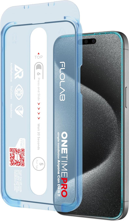 FLOLAB NanoArmour ONETIME PRO for iPhone 15 Pro Max Screen Protector, Anti-Reflective, Anti-Rainbow, 3D Tempered Glass, Ultra Clear, Edge Reinforced, Easy Install, Dust-Free, Scratch Resistant