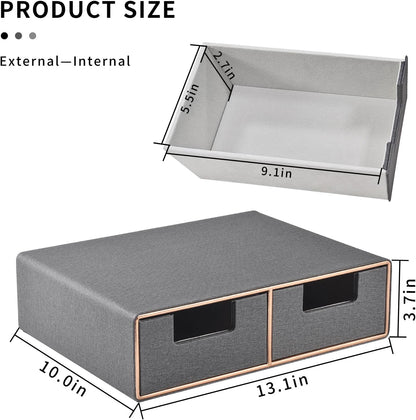 Linen Leather Desk Organizer with Drawers－Mini Desktop Drawer Organizer Stackable－Multifunctional Tabletop Organization Storage Box for Office Supplies Home Vanity Toiletries (Grey, 2-drawers)