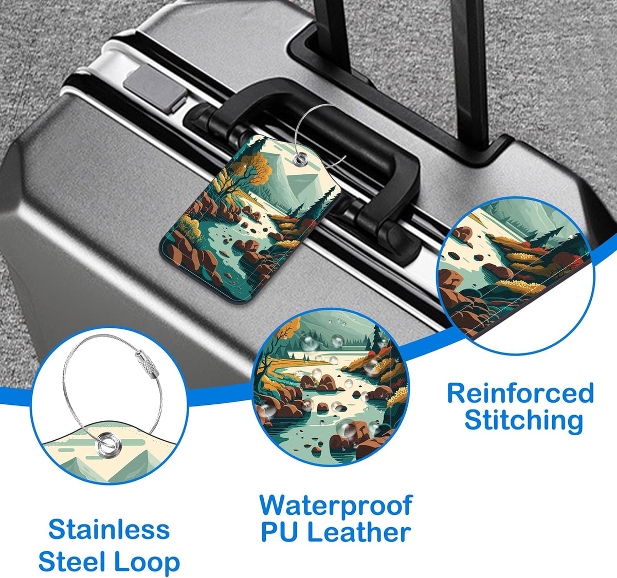 2 Pcs Luggage Tags for Suitcases, Forest River Mountain Leather Bag Tags for Luggage Privacy Cover Name ID Label with Stainless Steel Loop Cruise Airport Travel Essentials