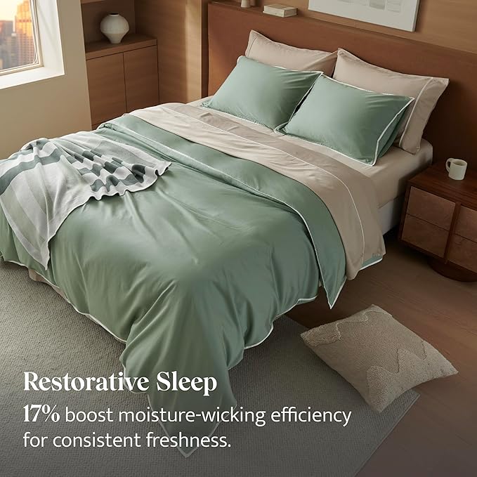 Double Stitch Cotton Tencel Duvet Cover - Queen Size Comforter Cover, Luxury & Soft Eucalyptus Lyocell Bedding Set for Hot Sleepers, Cooling & Breathable, Button Closure, Sage Green Contrast, 90"x90"