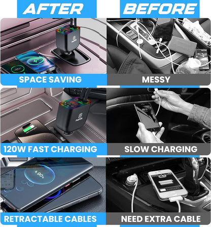 Bluetooth 5.3 Car FM Transmitter with 120W Max Power, Retractable Cables (80cm), Digital Display, Hands-Free Calling, Noise Canceling, and Dual Device Charging