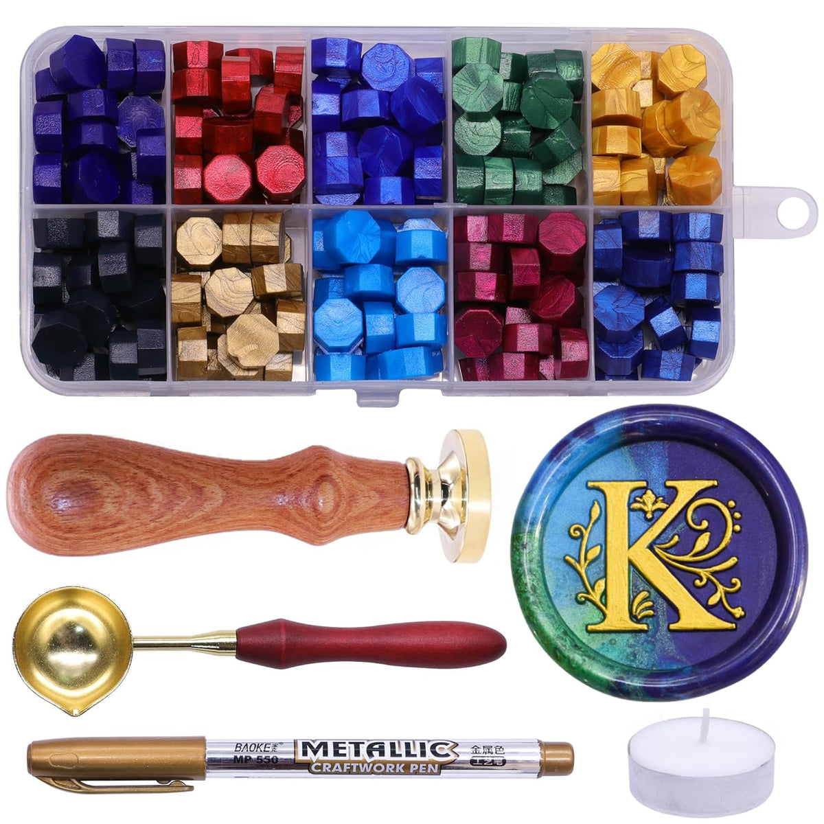 SWANGSA Initial Alphabet K Wax Seal Stamp Kit, Classic Retro Letter Sealing Stamp with 200pcs Sealing Wax Beads Kit for Wedding Invitations Cards Envelopes (K)