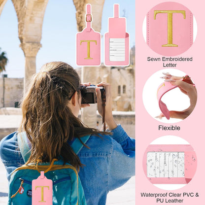 Initial Letter Luggage Tag for Suitcase, Cute Luggage Bag, Waterproof PU Leather Travel Luggage Tag, Suitcase Identifier Name Tag, Monogrammed Suitcases Tags, Bag Tags for Handbags(Pink T)
